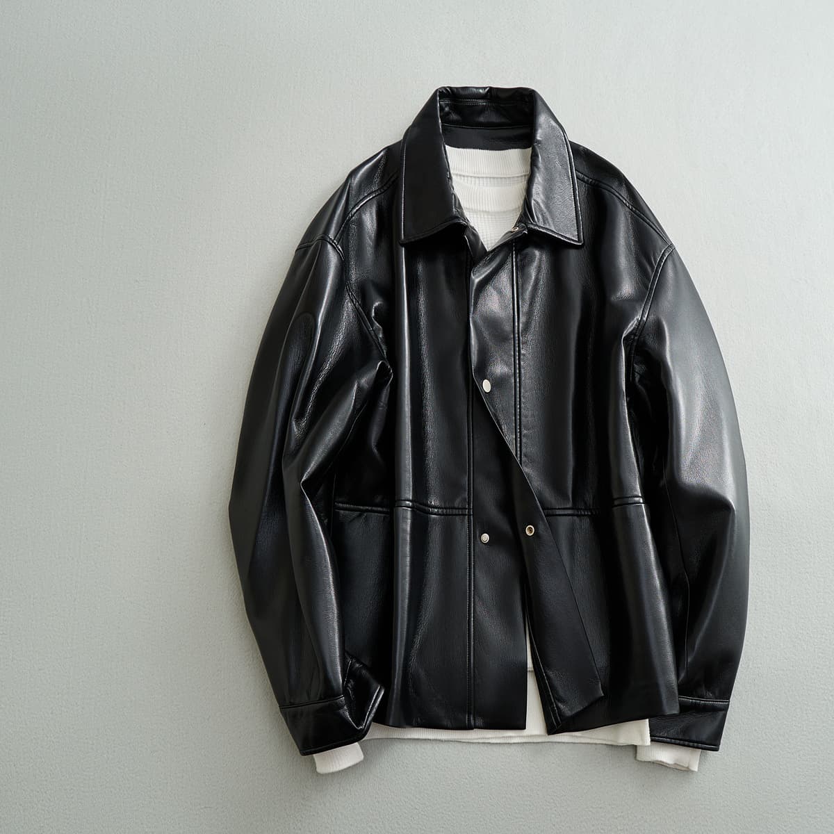 本革調襟付きゆったりシルエットレザージャケット ライダース