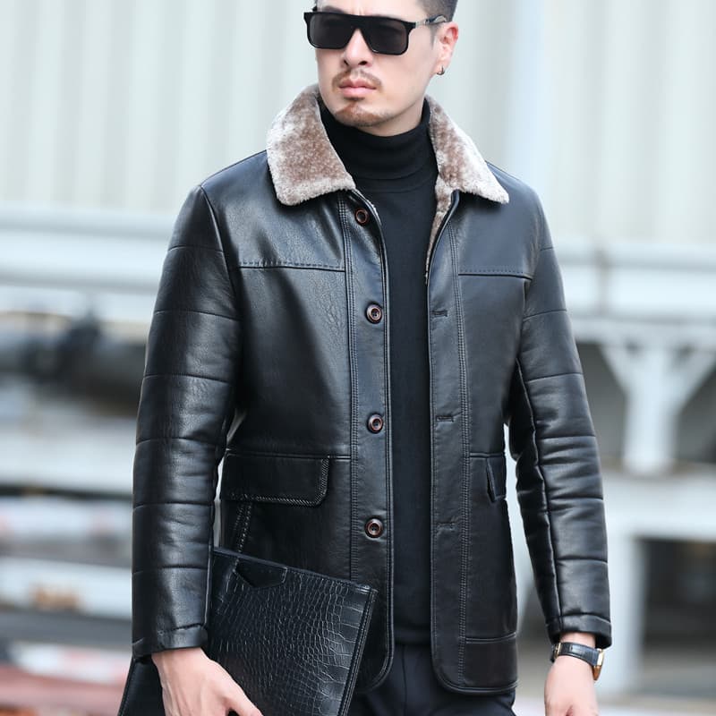 本革ボア襟付きカジュアルレザージャケット ボアジャケット