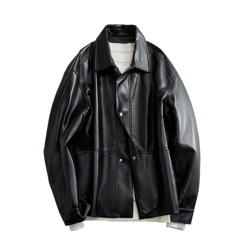 本革調襟付きゆったりシルエットレザージャケット ライダース