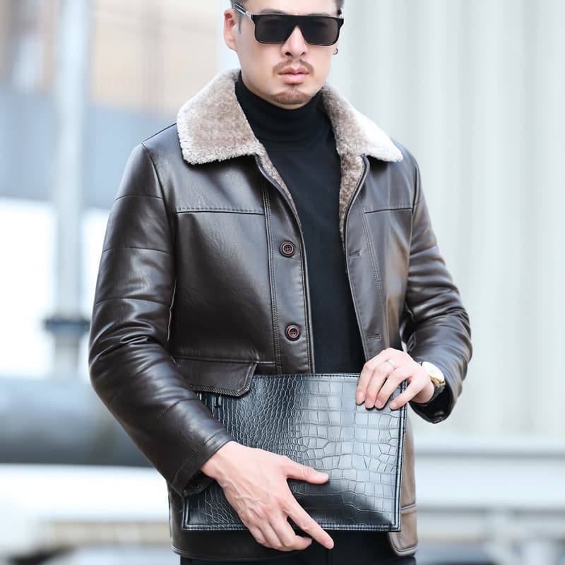 本革ボア襟付きカジュアルレザージャケット ボアジャケット