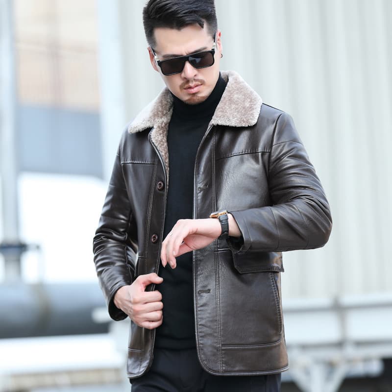 本革ボア襟付きカジュアルレザージャケット ボアジャケット