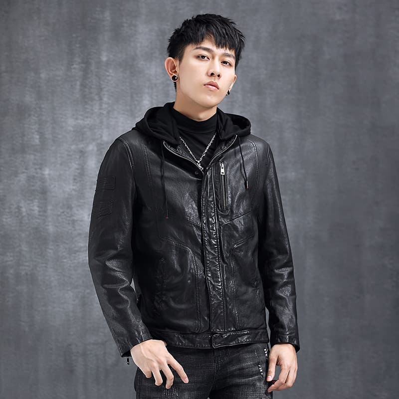 レザージャケット フード付きライダース革ジャケット冬用バイクウェア
