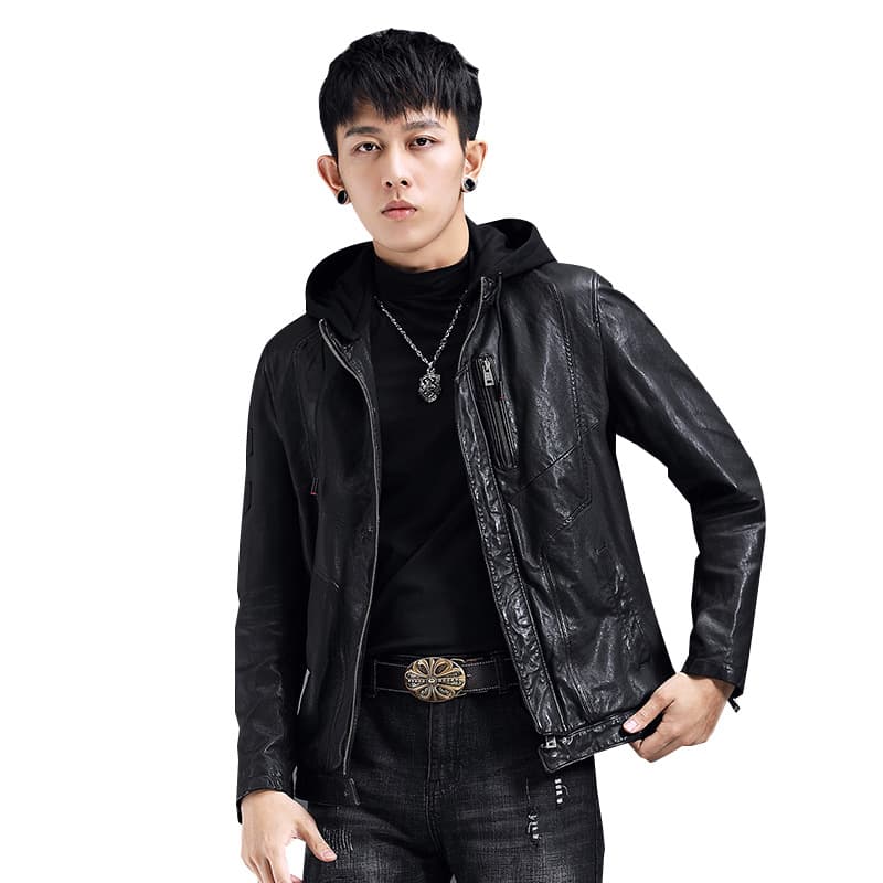 レザージャケット フード付きライダース革ジャケット冬用バイクウェア