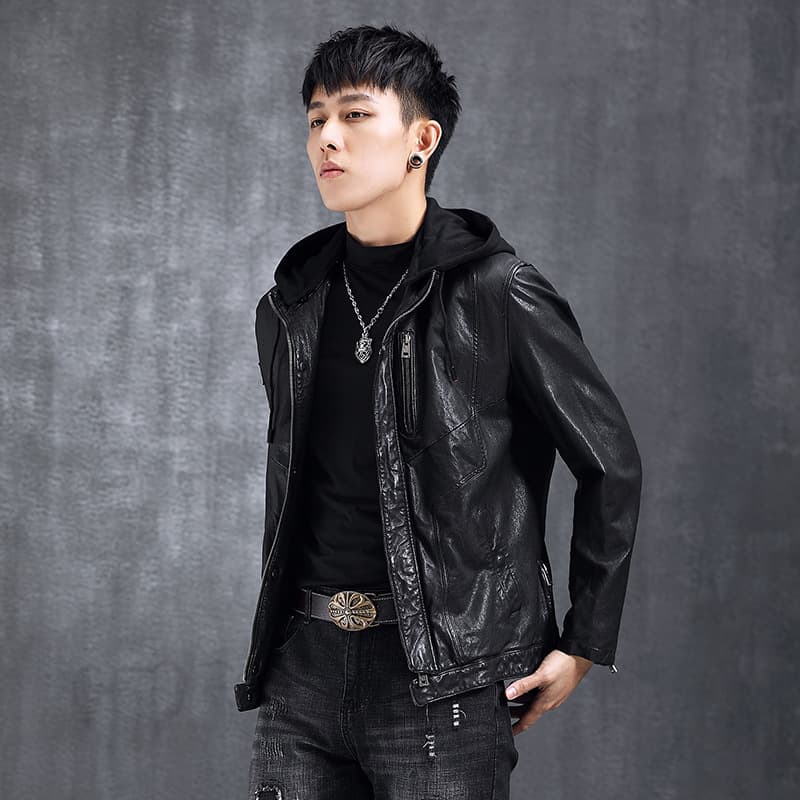 レザージャケット フード付きライダース革ジャケット冬用バイクウェア