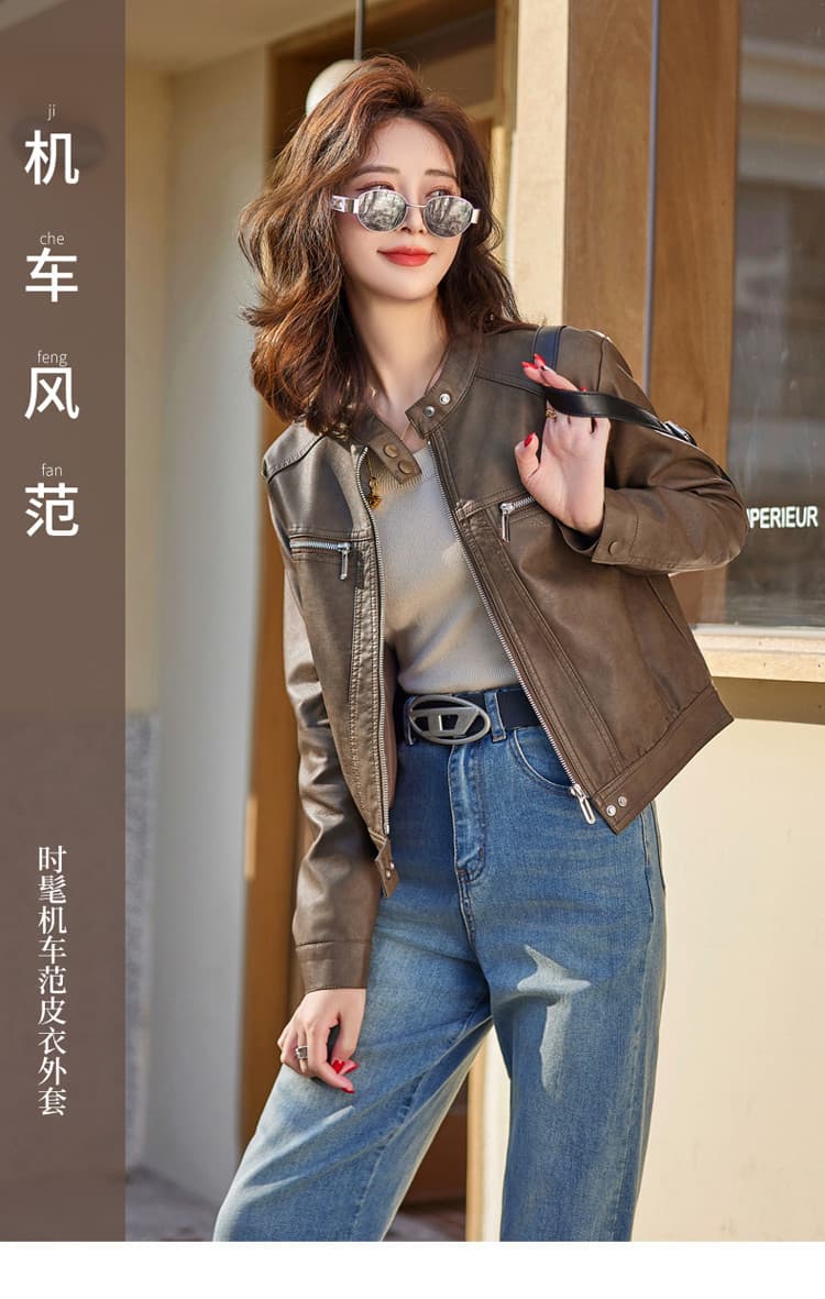 【女性向け】レザージャケット専門店 シンプルデザイン スタンドカラーブルゾン