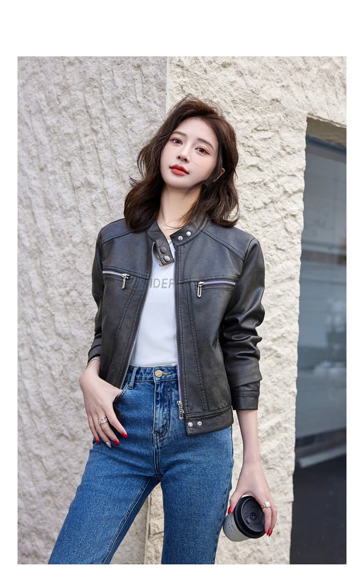 【女性向け】レザージャケット専門店 シンプルデザイン スタンドカラーブルゾン