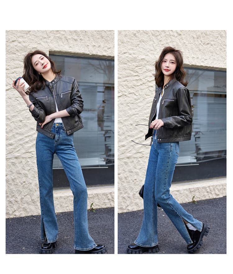 【女性向け】レザージャケット専門店 シンプルデザイン スタンドカラーブルゾン