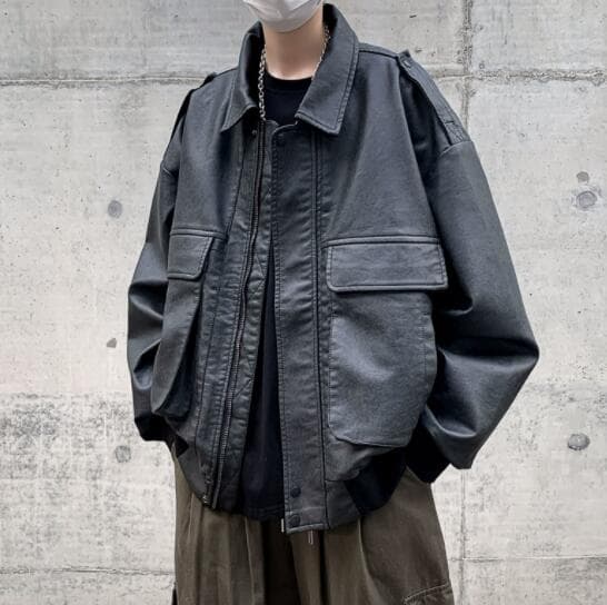 秋冬メンズ革ジャン大きめポケット付きレザージャケット ブルゾン