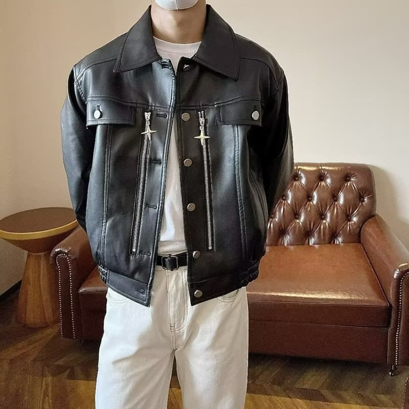レザージャケット 合成皮革フード付きブルゾンジャケット