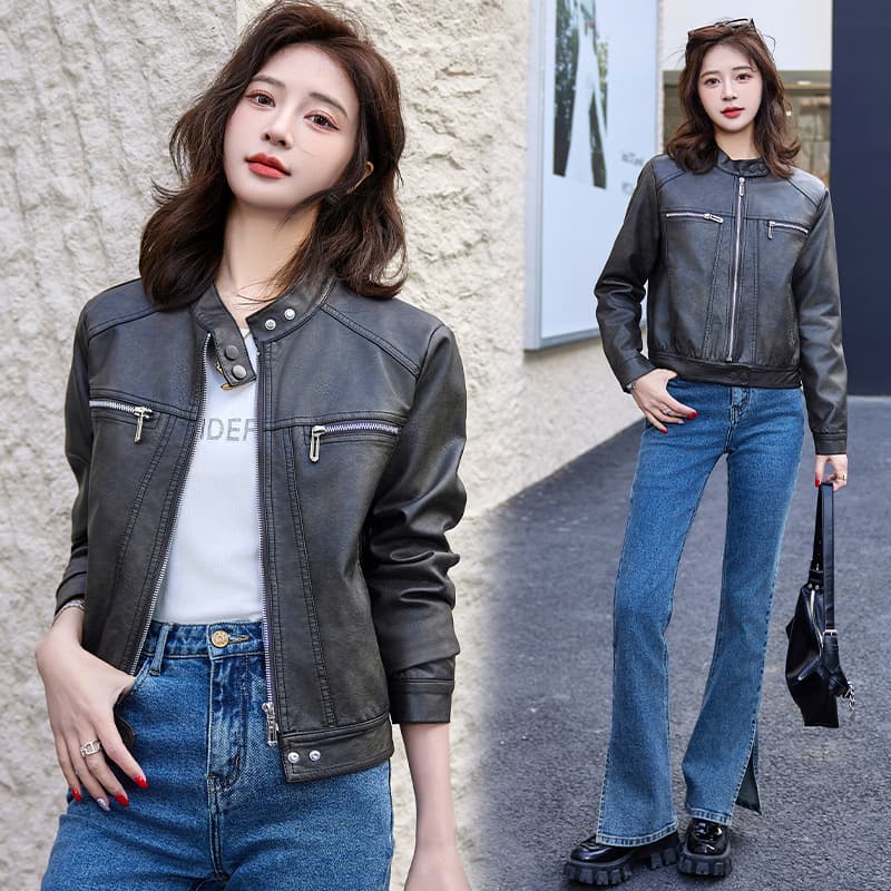 【女性向け】レザージャケット専門店 シンプルデザイン スタンドカラーブルゾン