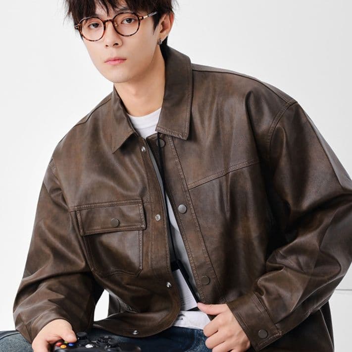 レザージャケット ゆったりシルエット襟付き本革ライダースジャケット