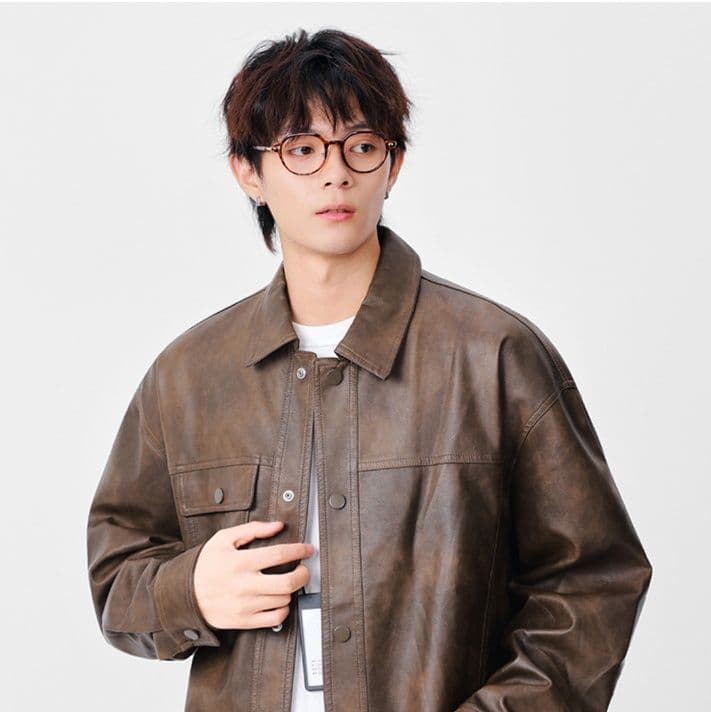 レザージャケット ゆったりシルエット襟付き本革ライダースジャケット