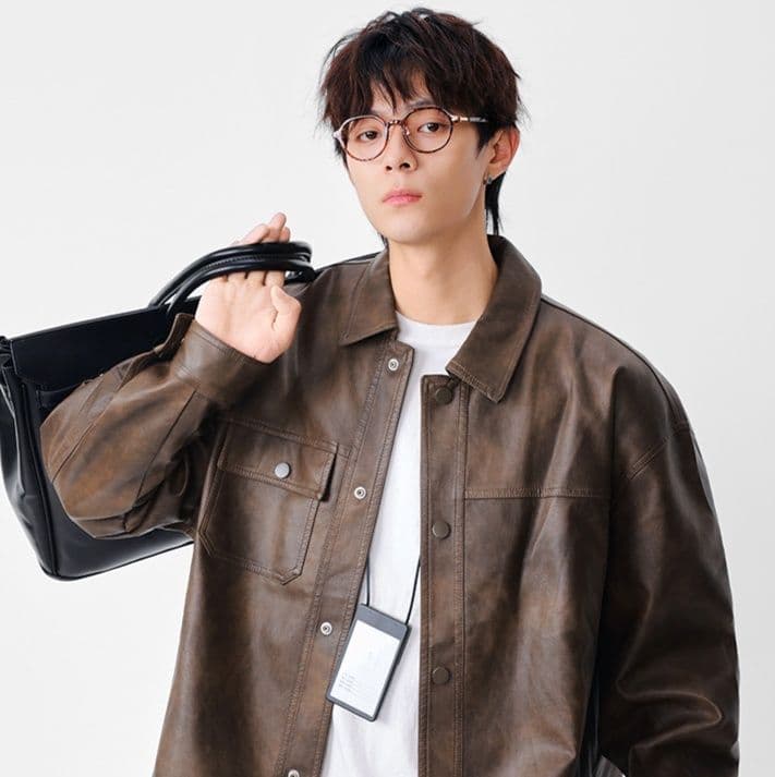 レザージャケット ゆったりシルエット襟付き本革ライダースジャケット