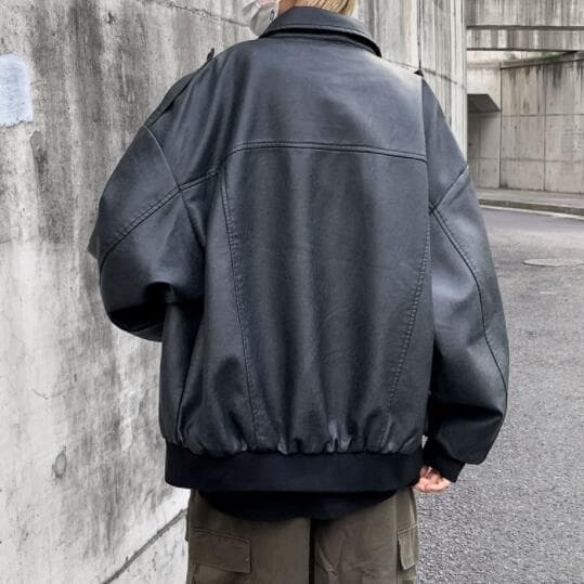 秋冬メンズ革ジャン大きめポケット付きレザージャケット ブルゾン