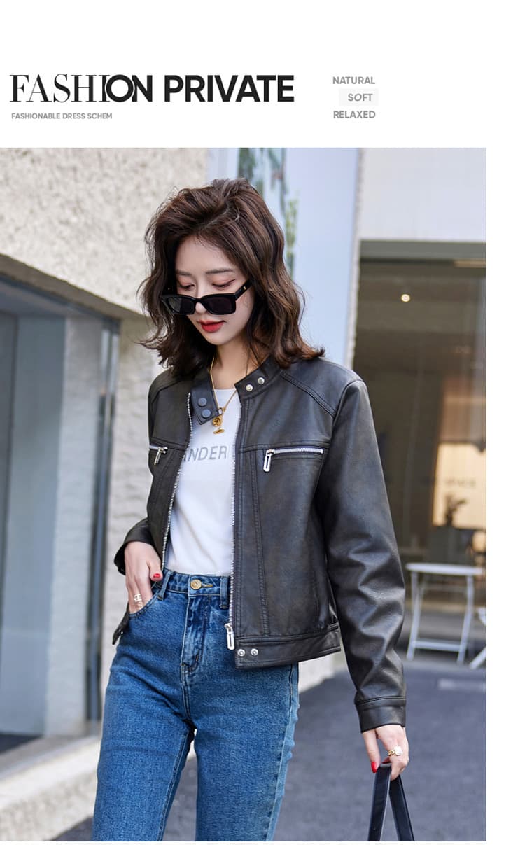 【女性向け】レザージャケット専門店 シンプルデザイン スタンドカラーブルゾン
