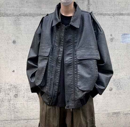 秋冬メンズ革ジャン大きめポケット付きレザージャケット ブルゾン