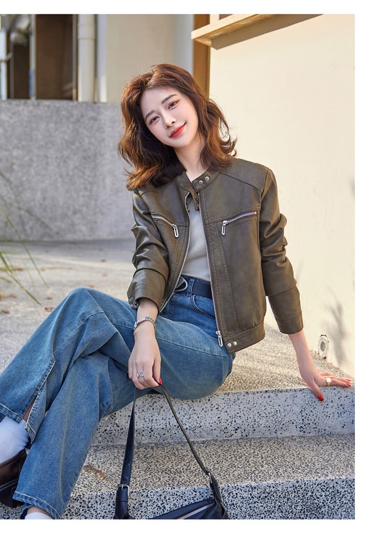 【女性向け】レザージャケット専門店 シンプルデザイン スタンドカラーブルゾン