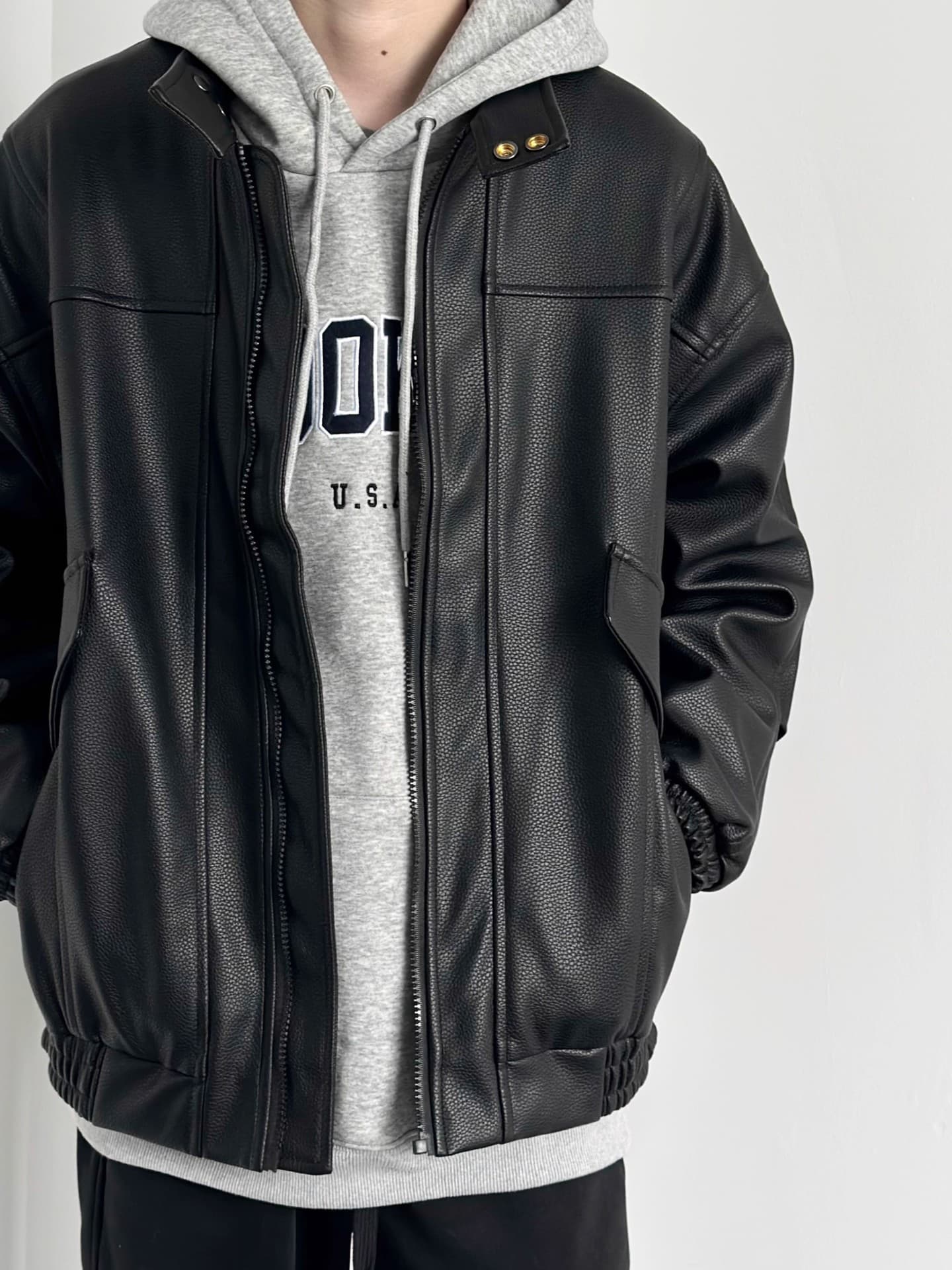 レザージャケット ゆったりシルエット襟スタンド型本革ライダースジャケット