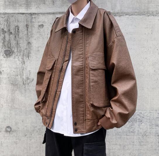 秋冬メンズ革ジャン大きめポケット付きレザージャケット ブルゾン