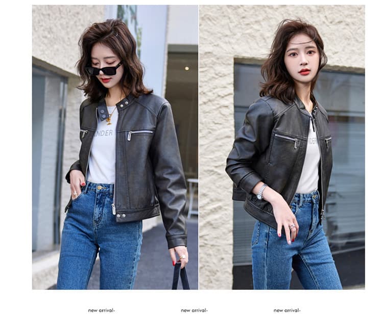 【女性向け】レザージャケット専門店 シンプルデザイン スタンドカラーブルゾン