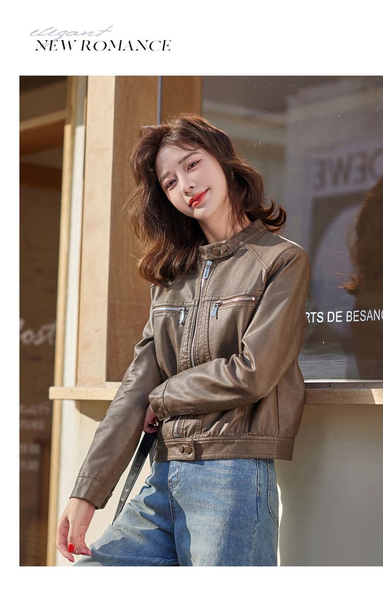 【女性向け】レザージャケット専門店 シンプルデザイン スタンドカラーブルゾン