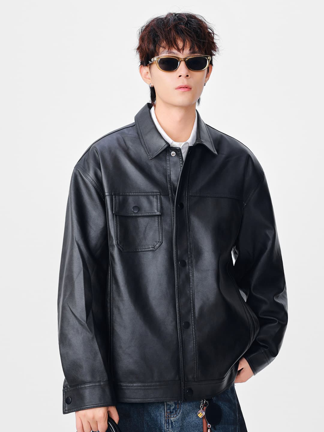 レザージャケット ゆったりシルエット襟付き本革ライダースジャケット