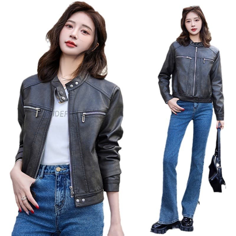 【女性向け】レザージャケット専門店 シンプルデザイン スタンドカラーブルゾン