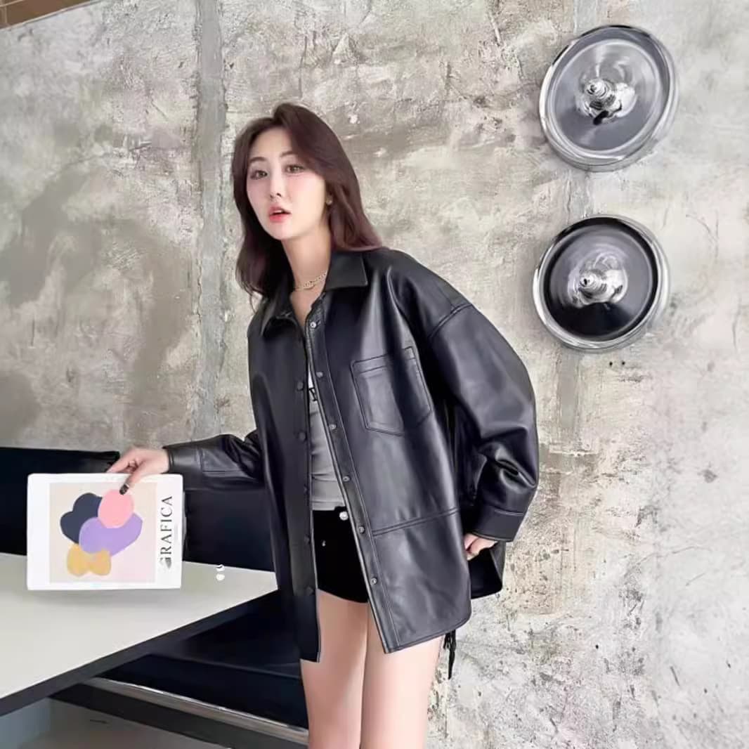 【女性向け】レザージャケット専門店 シャツカラーオーバーフィットレザーコート