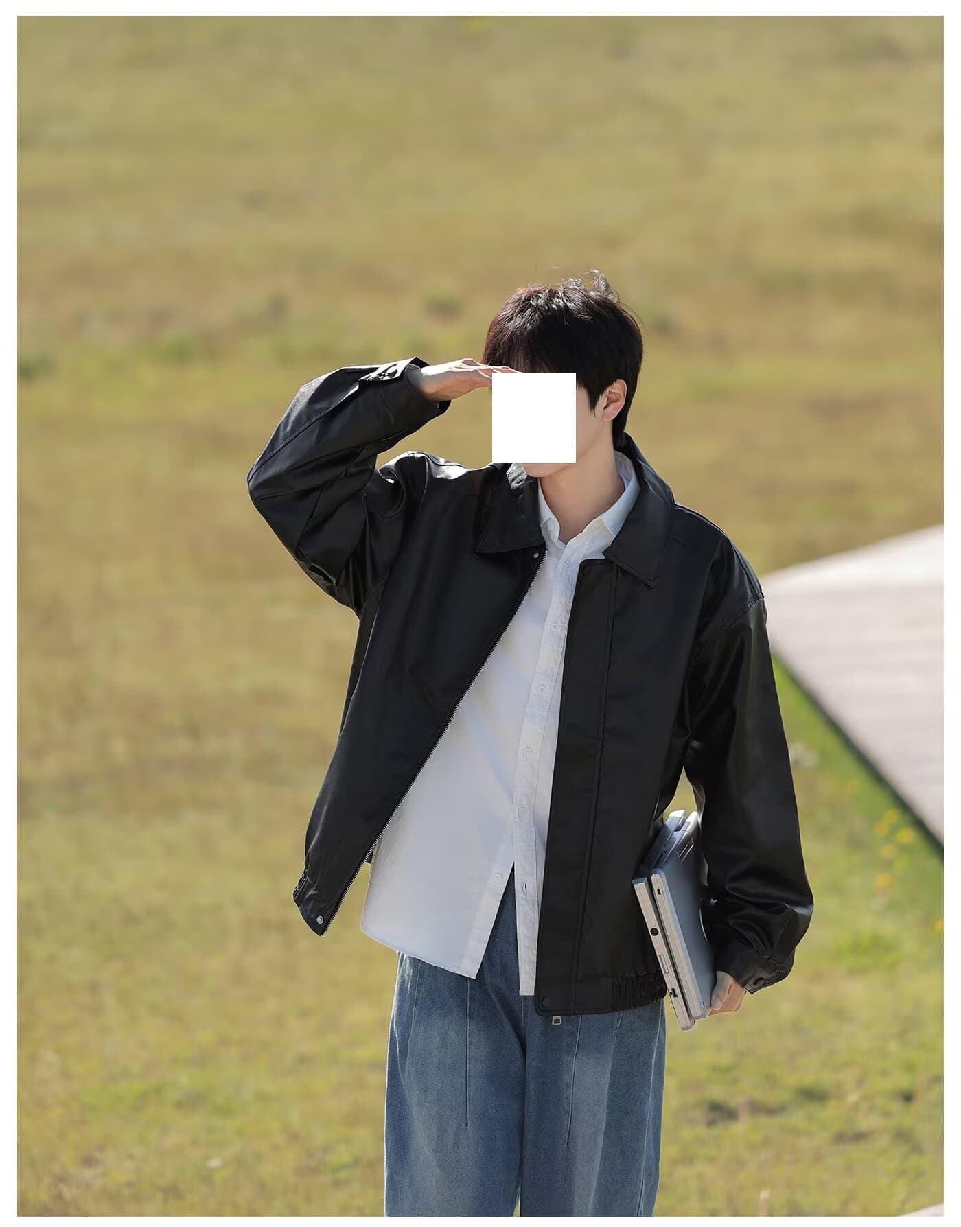 レザージャケット ゆったりシルエット開襟デザインライダースジャケット