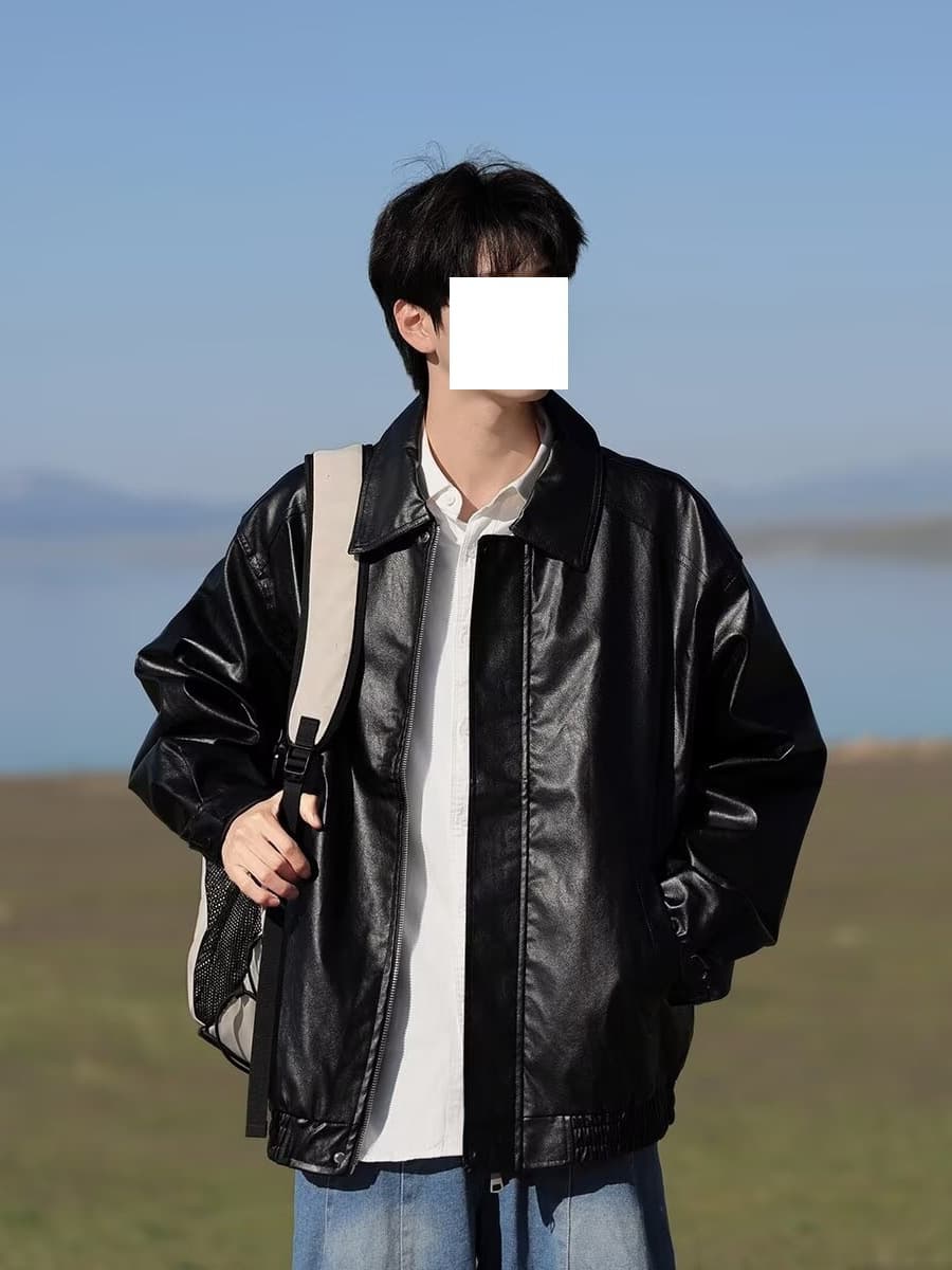 レザージャケット ゆったりシルエット開襟デザインライダースジャケット