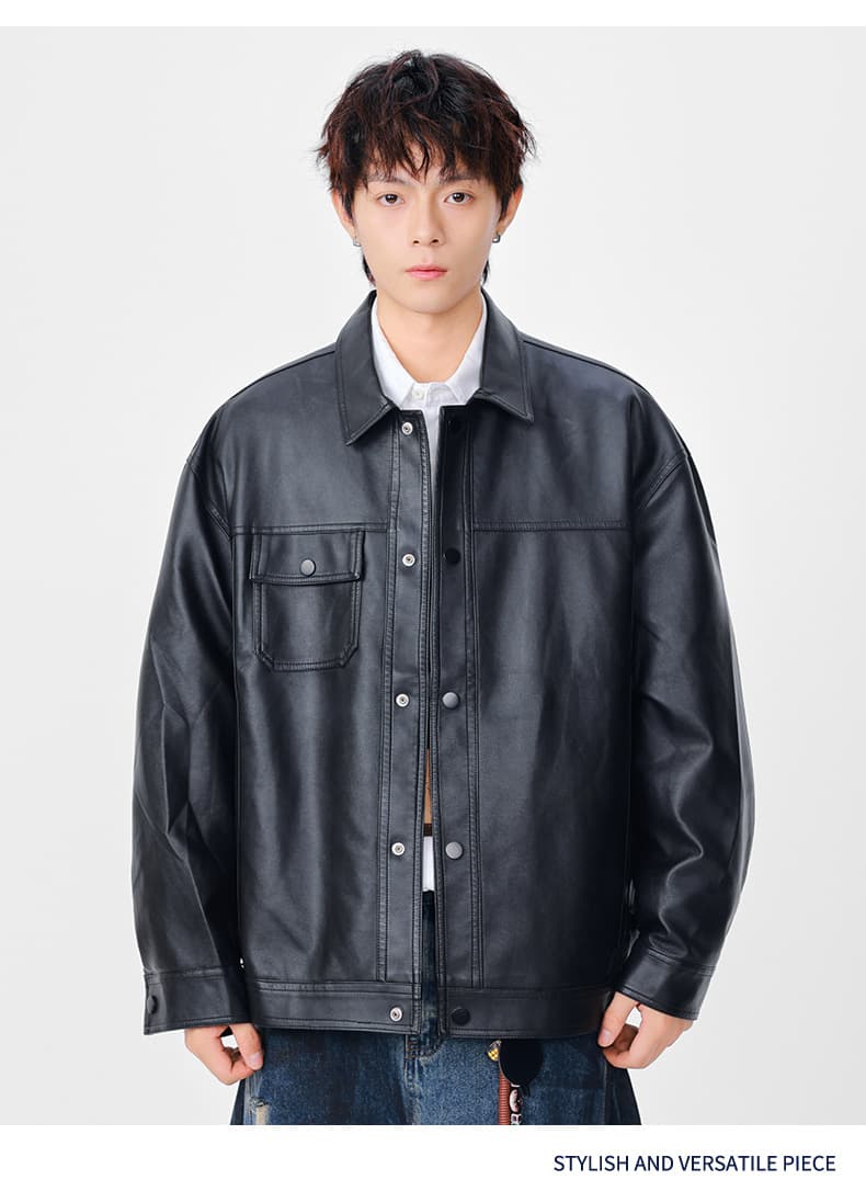 レザージャケット ゆったりシルエット襟付き本革ライダースジャケット