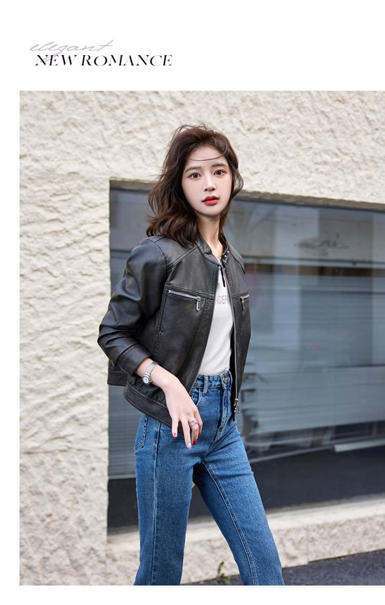 【女性向け】レザージャケット専門店 シンプルデザイン スタンドカラーブルゾン