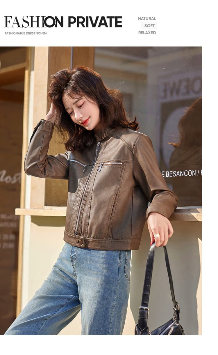 【女性向け】レザージャケット専門店 シンプルデザイン スタンドカラーブルゾン