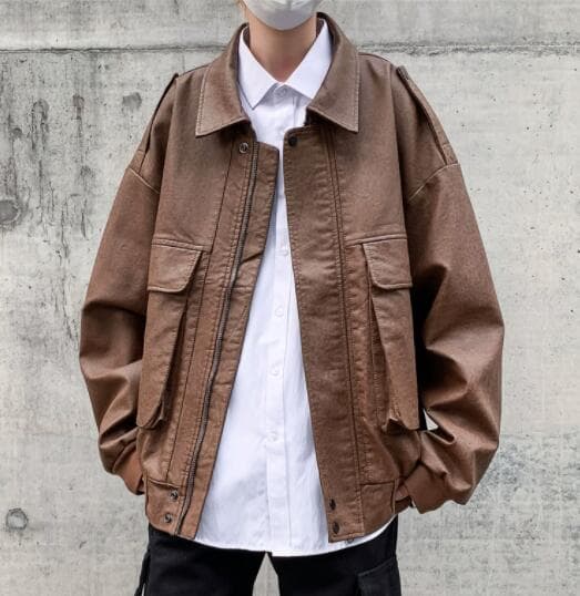 秋冬メンズ革ジャン大きめポケット付きレザージャケット ブルゾン