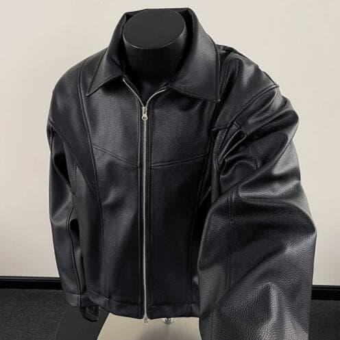 メンズ本格派フェイクレザー　ブルゾンジャケット　黒