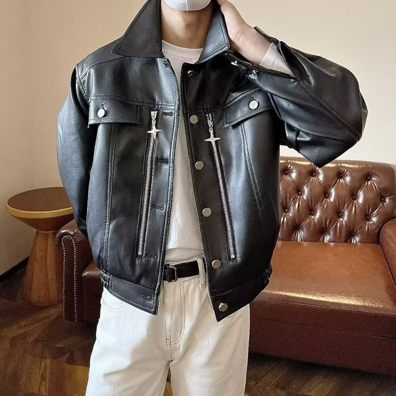 レザージャケット 合成皮革フード付きブルゾンジャケット