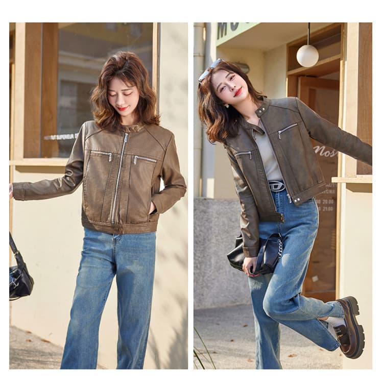 【女性向け】レザージャケット専門店 シンプルデザイン スタンドカラーブルゾン