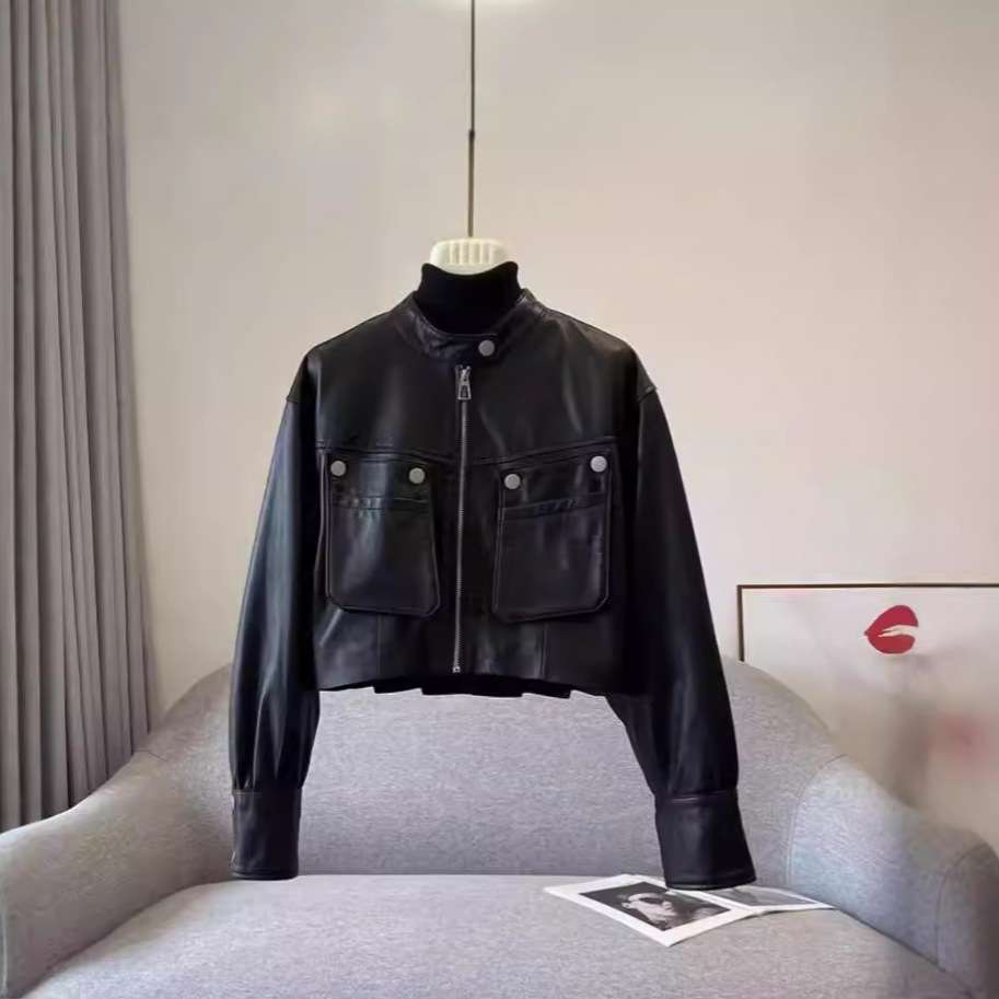 【女性向け】レザージャケット専門店 立体ポケット付きショートレザーブルゾン