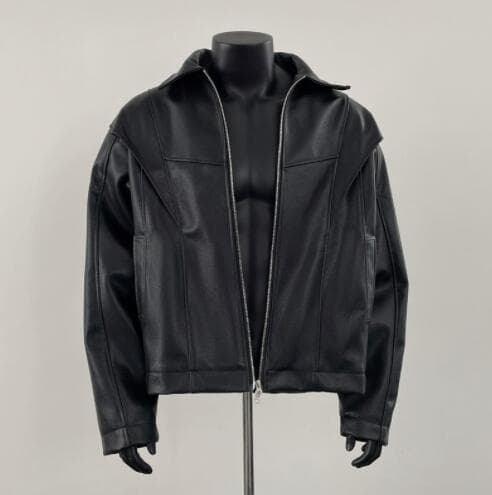 メンズ本格派フェイクレザー　ブルゾンジャケット　黒