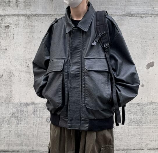 秋冬メンズ革ジャン大きめポケット付きレザージャケット ブルゾン