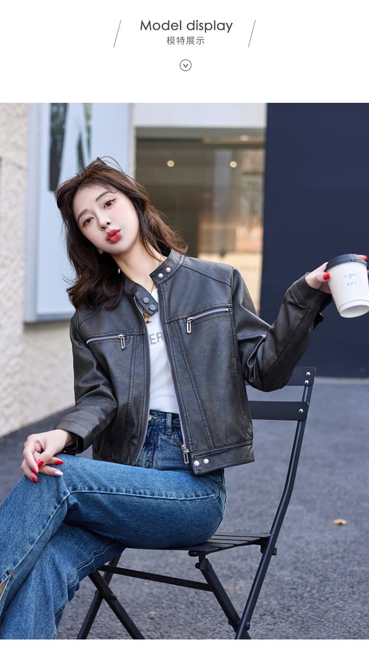 【女性向け】レザージャケット専門店 シンプルデザイン スタンドカラーブルゾン