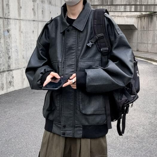 秋冬メンズ革ジャン大きめポケット付きレザージャケット ブルゾン