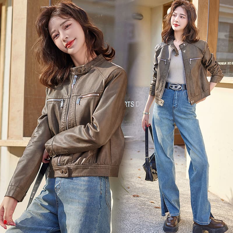 【女性向け】レザージャケット専門店 シンプルデザイン スタンドカラーブルゾン