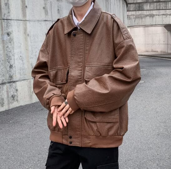 秋冬メンズ革ジャン大きめポケット付きレザージャケット ブルゾン