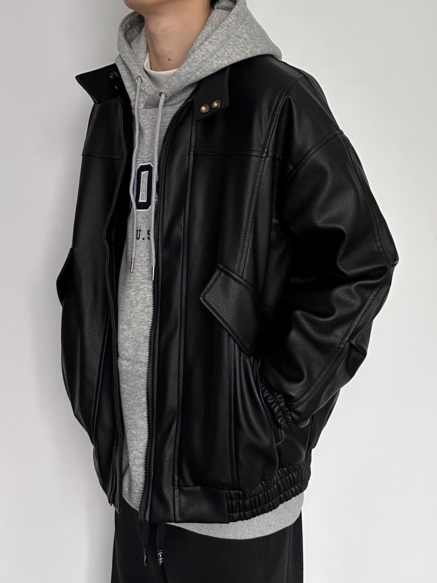 レザージャケット ゆったりシルエット襟スタンド型本革ライダースジャケット