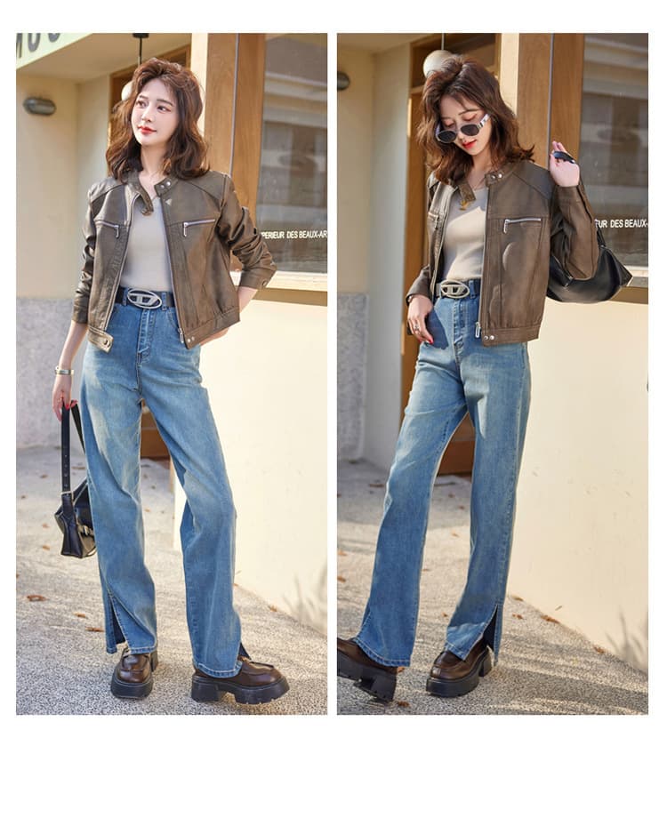 【女性向け】レザージャケット専門店 シンプルデザイン スタンドカラーブルゾン