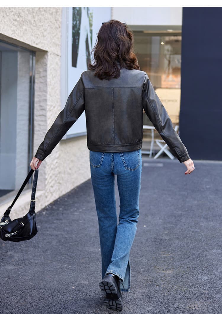 【女性向け】レザージャケット専門店 シンプルデザイン スタンドカラーブルゾン