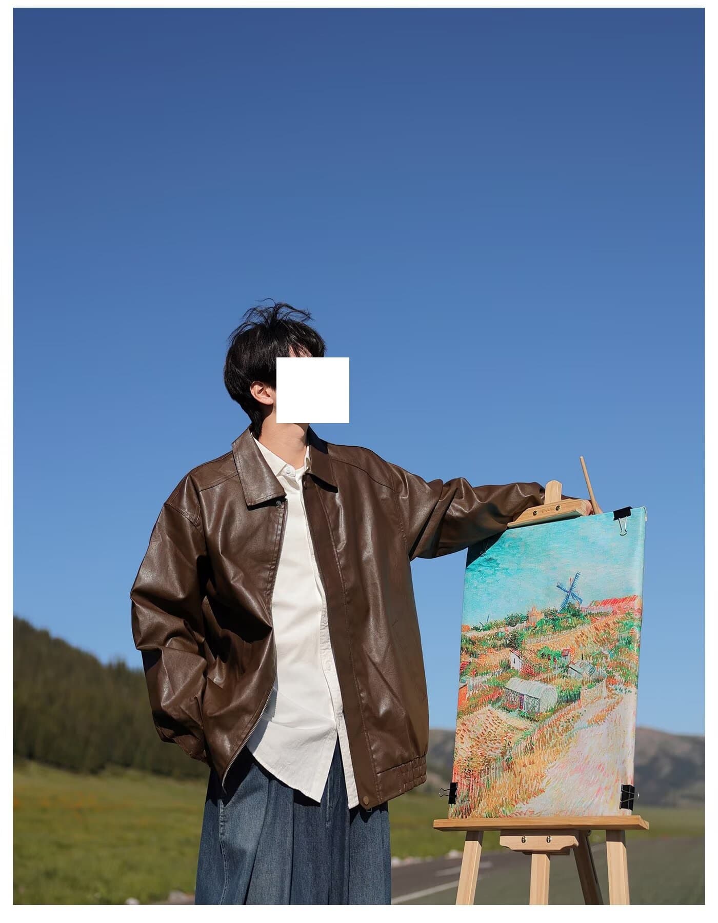 レザージャケット ゆったりシルエット開襟デザインライダースジャケット