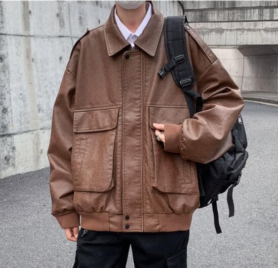 秋冬メンズ革ジャン大きめポケット付きレザージャケット ブルゾン