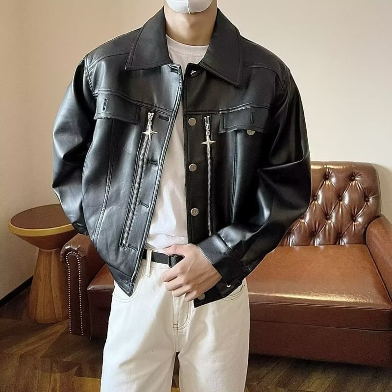 レザージャケット 合成皮革フード付きブルゾンジャケット